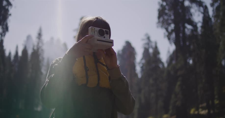 A woman with a yellow scarf takes a picture with an instant camera while exploring a sunny redwood forest