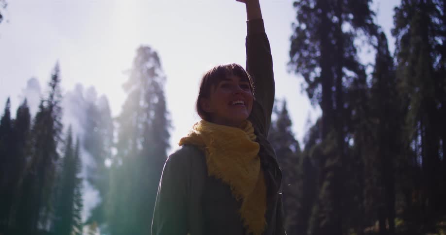 Slow motion shot of a joyful woman hiking in a sun-drenched forest, stopping to triumphantly raise her arm and smile at the beautiful scenery