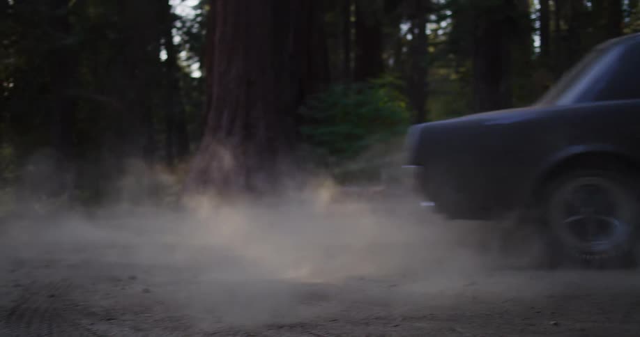 A classic gray muscle car speeds along a dusty dirt road in a redwood forest in slow motion