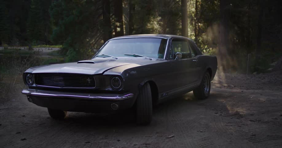 A vintage gray Mustang kicks up dust as it comes to a stop on a dirt road in a forest before the driver gets out