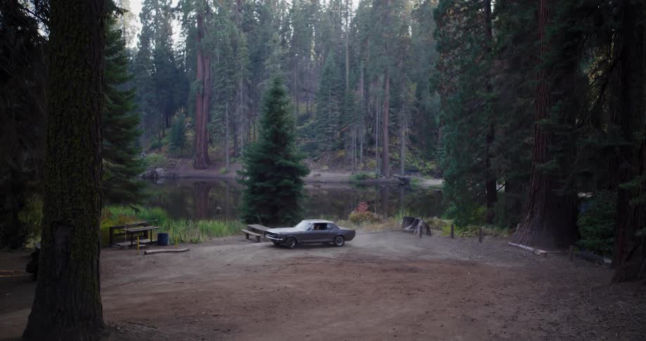 A vintage muscle car drifts and kicks up dust at a remote campsite by a lake surrounded by a dense forest of tall trees