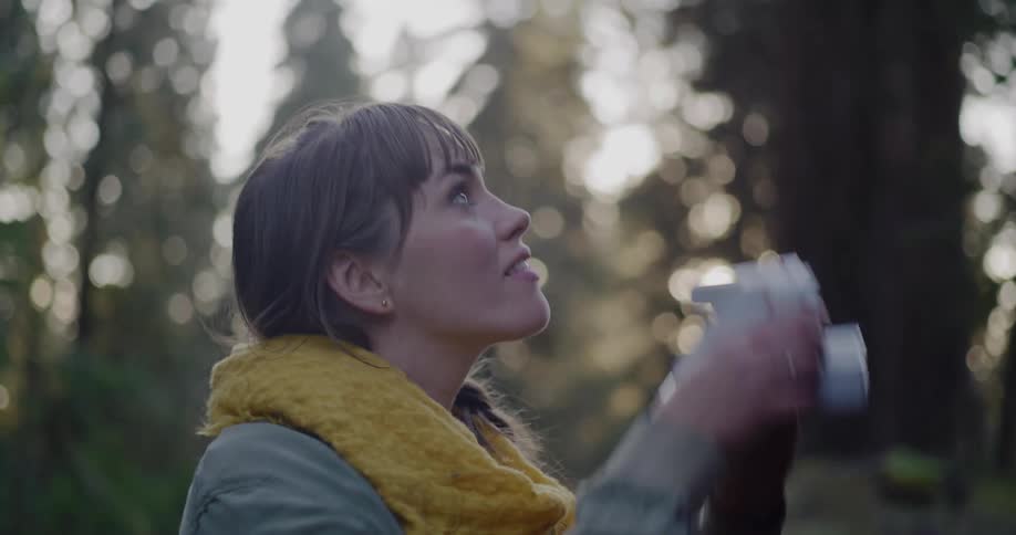 A young woman touches the textured bark of a giant tree, then looks up in awe and takes a photo with an instant camera in a sunlit forest