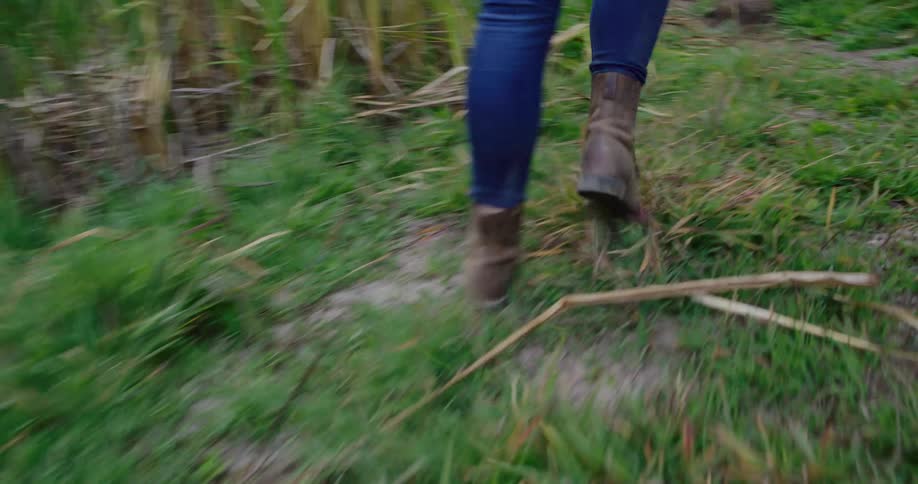 Close-up of a person's hiking boots walking along a grassy path in the countryside