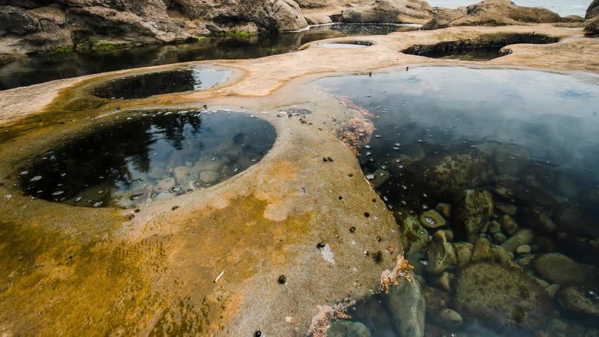 A time-lapse of tide pools on a rocky coast shows the water level slowly changing, revealing the movement of small marine life within