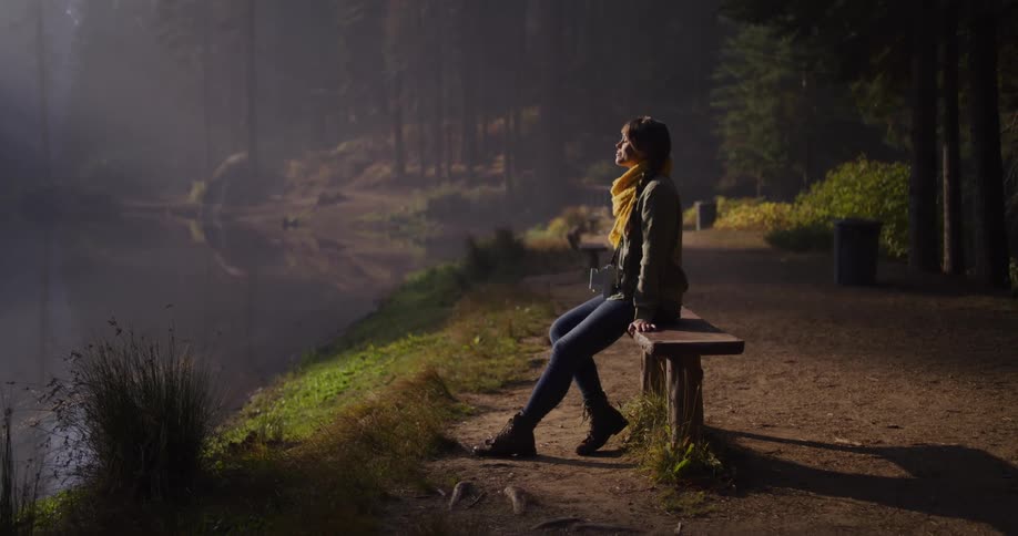 A serene woman sits on a bench by a tranquil lake, basking in the warm morning sunlight filtering through the foggy forest