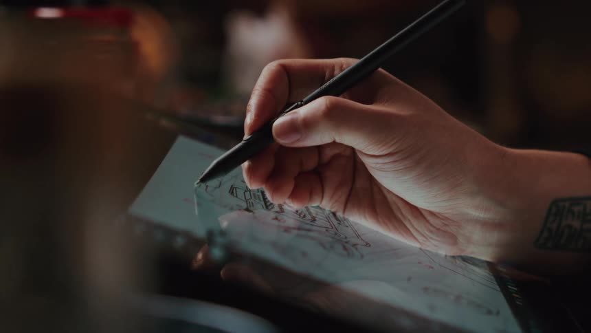 A close-up of a tattooed artist's hand using a stylus to create a digital sketch on a glowing tablet in a dimly lit room