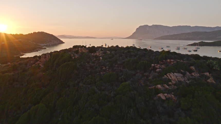 A serene aerial drone flies over a beautiful rugged coastline at sunrise, revealing a peaceful harbor with numerous yachts and sailboats