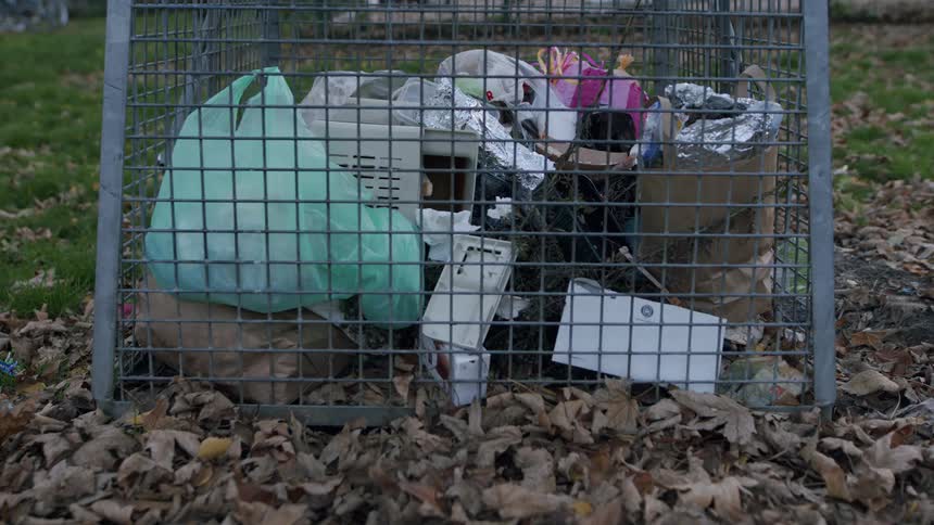 A metal cage full of discarded trash and old electronics sits amongst fallen autumn leaves