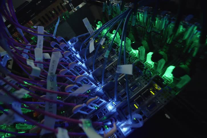 A close-up high-angle view of a complex server rack with a network of cables and flashing blue and green LED lights