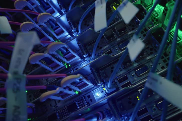 A detailed view of a computer server rack with flashing blue and green LED lights and numerous connected cables in a data center
