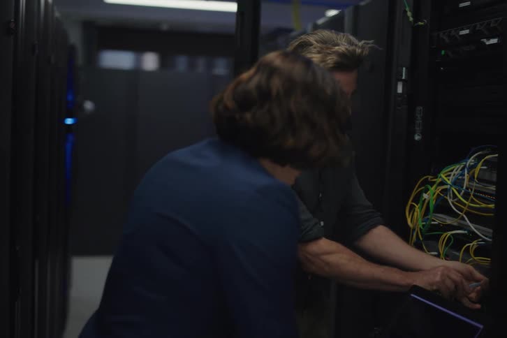 A male and a female IT technician work together in a dark server room, connecting cables and running diagnostics on a laptop