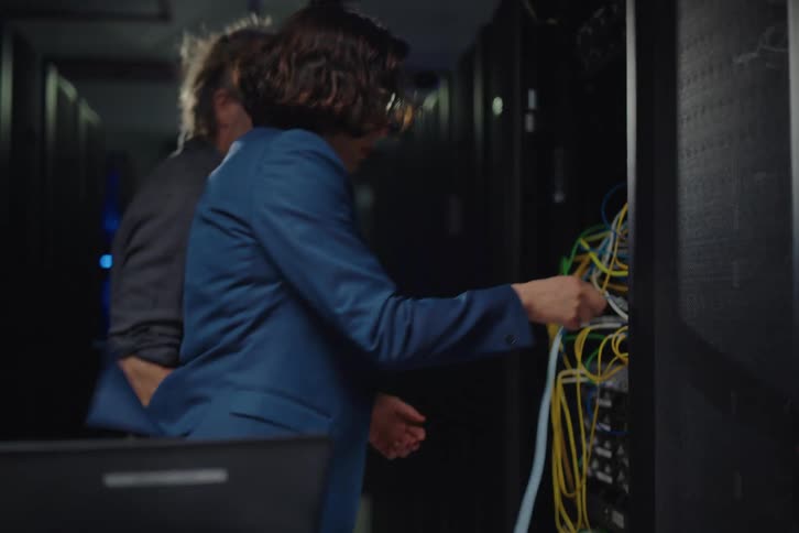 A male and female IT technician work together in a server room, connecting cables and consulting a laptop while fans blow their hair