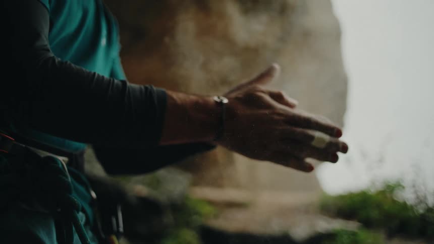 Slow motion close-up of a rock climber chalking his hands, creating a dramatic cloud of white powder inside a cave before his ascent