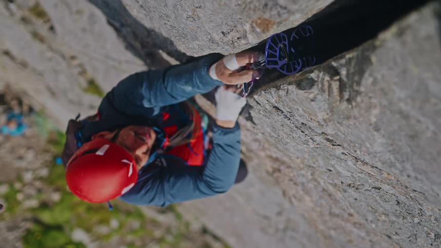 A focused rock climber wearing a red helmet carefully places safety gear into a crack in the cliff face