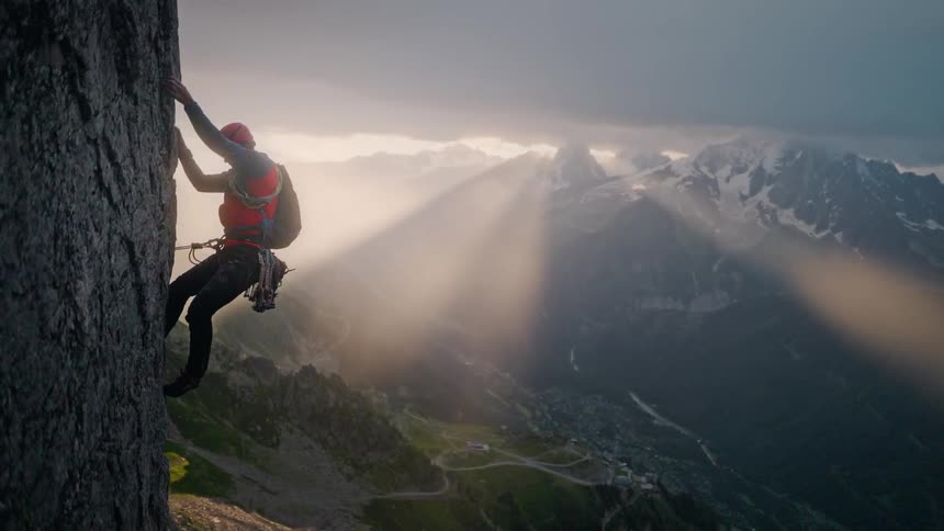 A rock climber scales a dramatic mountain face as golden sun rays illuminate the vast alpine landscape behind him