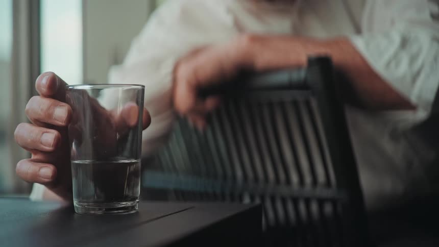 A pensive elderly man sits alone at a table, with a slow focus pull to his trembling hand resting on a glass of water