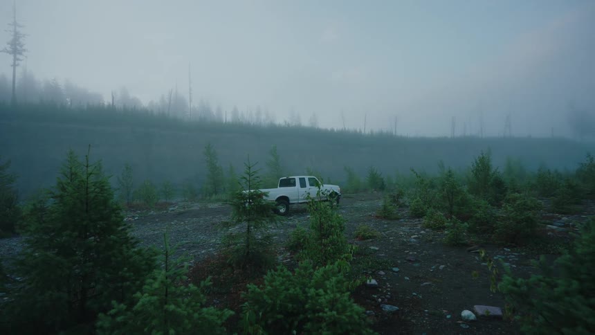 An atmospheric wide shot reveals a white pickup truck parked in a remote, foggy forest clearing