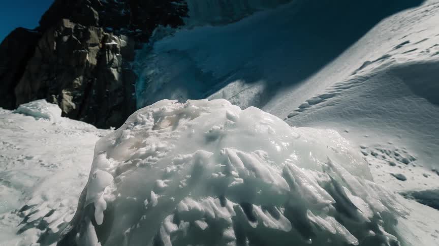 A stunning time-lapse reveals the sun melting an intricate ice formation on a vast, snowy glacier in the high mountains
