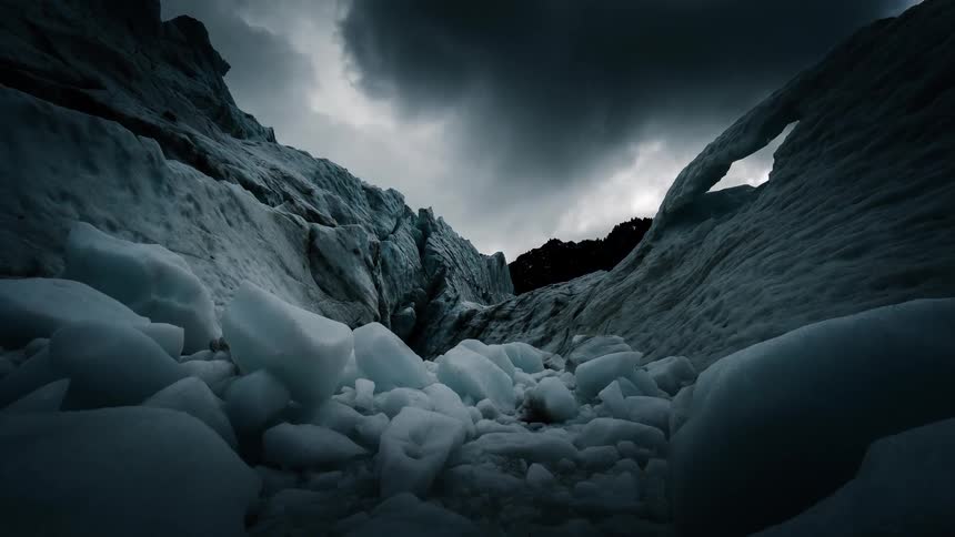 A dramatic low-angle view from within a dark, icy glacial valley as ominous storm clouds pass overhead
