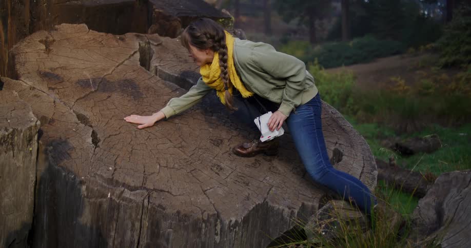 An adventurous young woman with binoculars hikes through a forest and climbs onto a massive fallen sequoia tree stump in slow motion