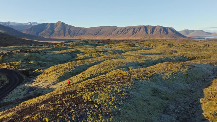 An aerial view shows a lone traveler in a red jacket walking across a vast, moss-covered volcanic landscape in Iceland, with their camper van parked on a nearby dirt road