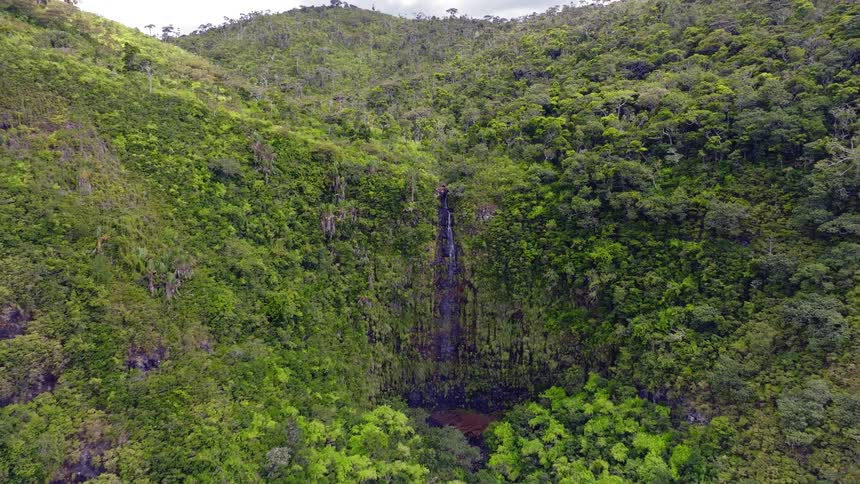 An aerial shot pulls back to reveal a tranquil waterfall cascading down a cliff face amidst a vast and dense tropical jungle