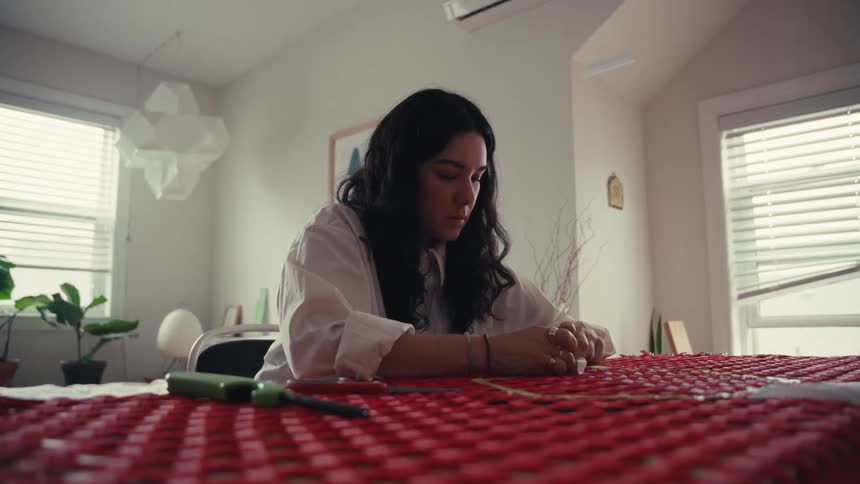 A focused female artist carefully works on a red weaving project at a table in her bright, minimalist home studio