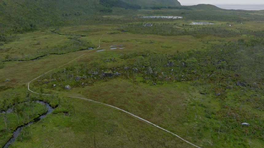 Aerial view reveals a winding boardwalk path through a vast green marshland leading towards majestic mountains and the distant ocean