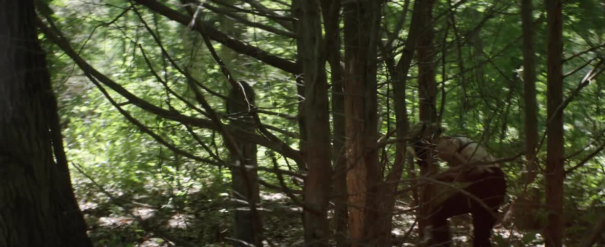 Woman wearing full face mask wandering through forest