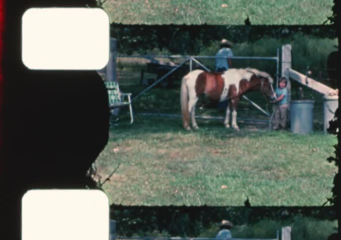 Vintage 8mm film captures a man and a young boy petting a pony in a grassy field