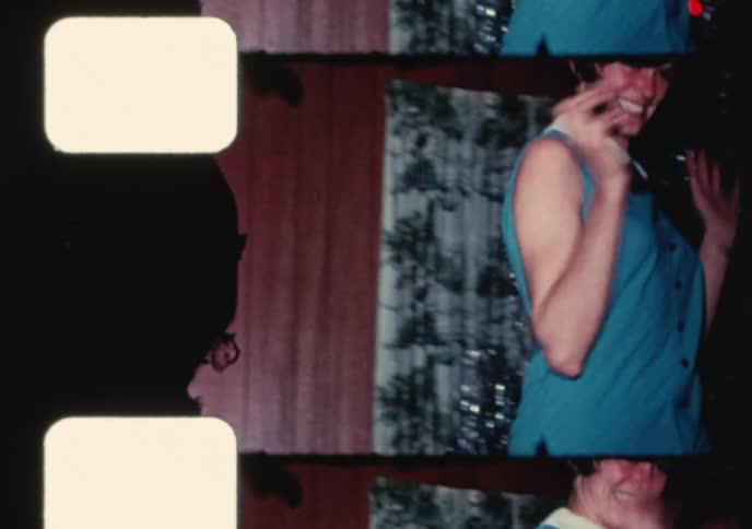 A unique 8mm film strip effect shows women modeling outfits and friends playing at a vintage 1960s home party