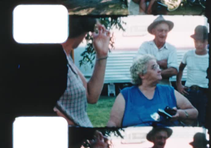 A collection of candid home movie moments from the 1960s shows a family enjoying time together outdoors at a campsite