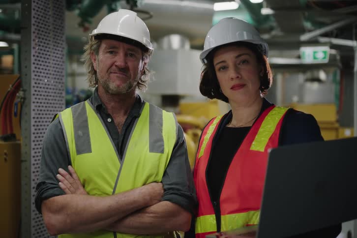 Portrait of a confident male and female engineer wearing hard hats and high-visibility vests in a factory