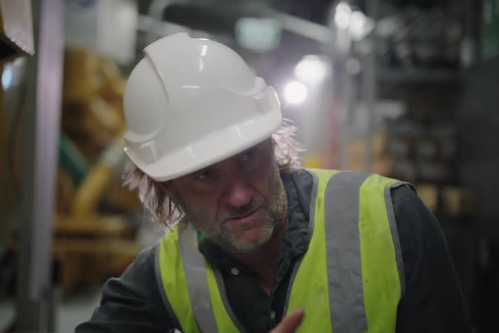A male industrial worker in a hard hat explains the workings of a large battery in a factory setting