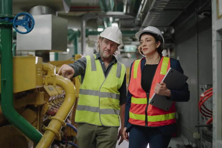 A male technician and a female engineer walk together through an industrial engine room, discussing the machinery in slow motion