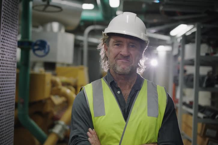 A serious male engineer in a hard hat and safety vest crosses his arms and smiles confidently in a factory engine room