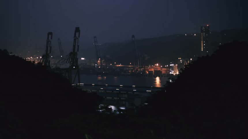 An industrial port and city harbor glow with activity at night, viewed from a silhouetted hillside