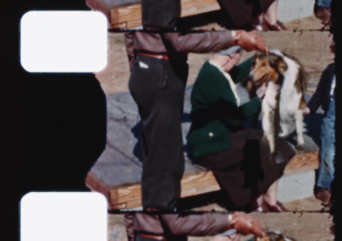 A proud fisherman in a cowboy hat shows off his catch to his wife, two young boys, and their pet collie dog in this nostalgic 16mm home movie