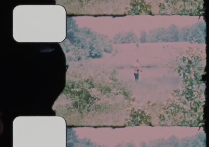 A serene lake surrounded by a dense forest captured on grainy, split-screen vintage film