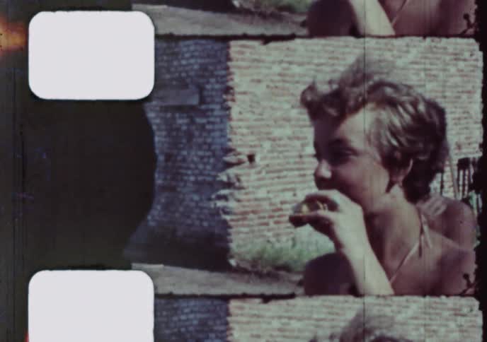 A vintage split-frame film captures joyful moments of young friends sharing sodas and snacks at an outdoor party in the 1950s