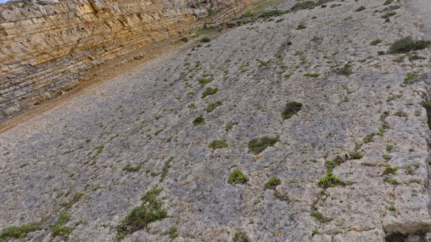 A slow upward pan reveals the textured and layered surface of a large rock cliff formation