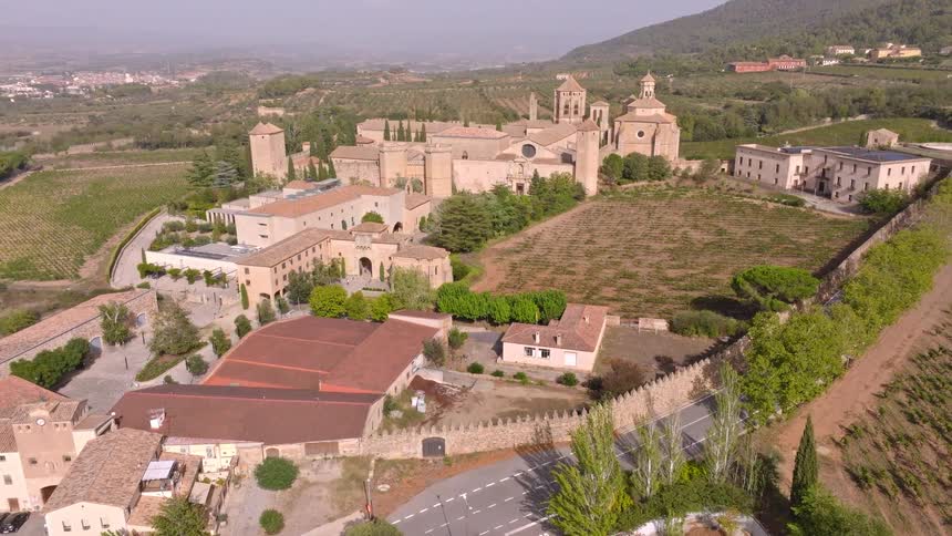 Expansive aerial view of the historic Monestir de Santa Maria de Poblet surrounded by vineyards and rolling hills in rural Spain
