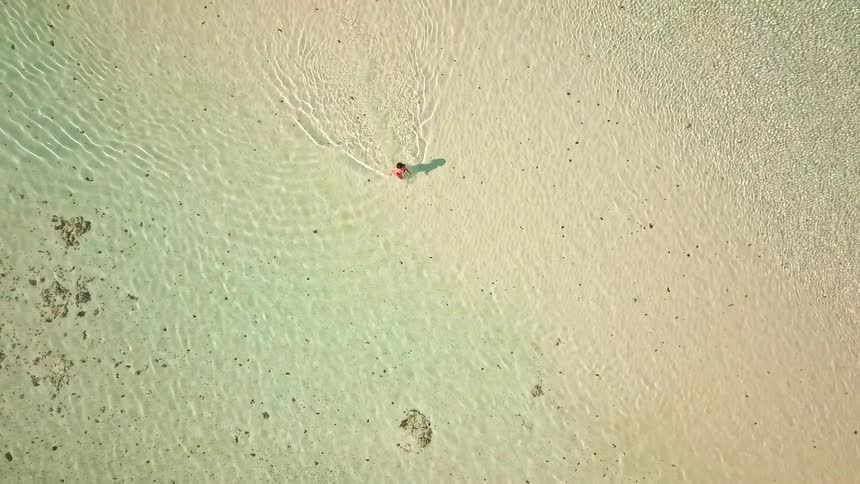 A serene top-down aerial shot shows a woman in a red swimsuit wading in the crystal-clear shallow water of a tropical beach as the camera pulls away