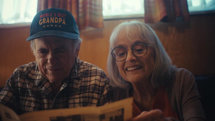 A happy senior couple sits together in their cozy home, smiling as they reminisce over an old newspaper or photo album