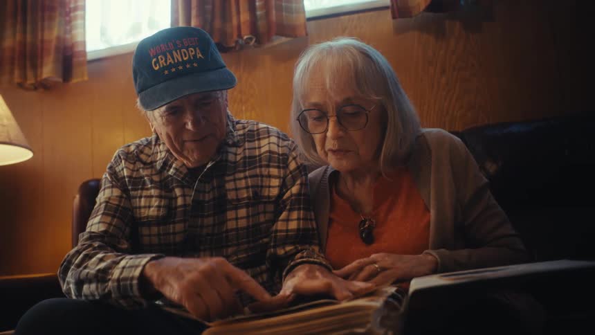 An elderly couple affectionately reminisces while looking through an old family photo album on the couch in their home