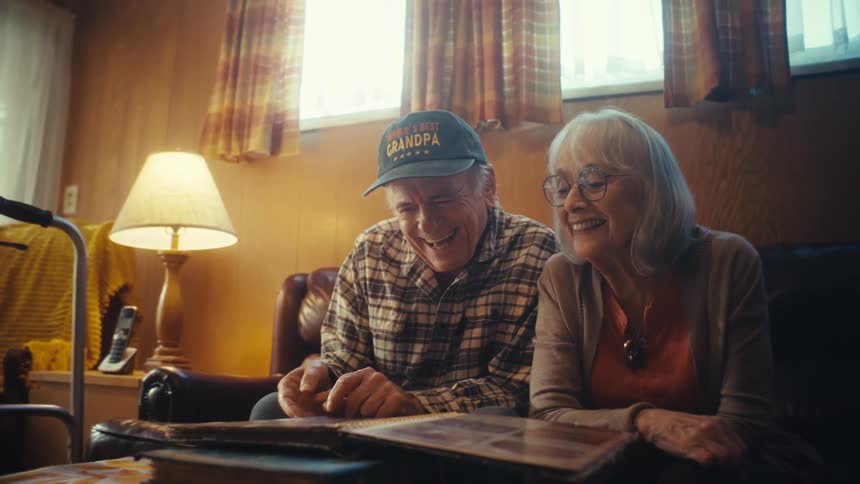 A happy elderly couple sits on their couch, smiling and laughing as they look through an old photo album, reminiscing about the past