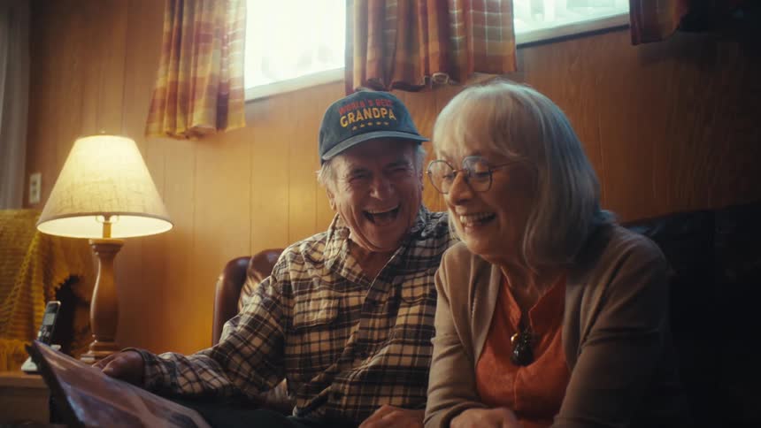 A sweet elderly couple sit together on a couch, laughing joyfully as they look through a photo album and reminisce about cherished memories