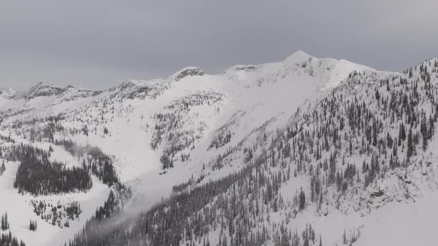A massive avalanche slowly cascades down a remote, snow-covered mountain valley under a grey, overcast sky