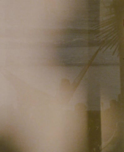 The soft reflection of a tropical beach with palm trees casts a hazy shadow on a wall at sunset