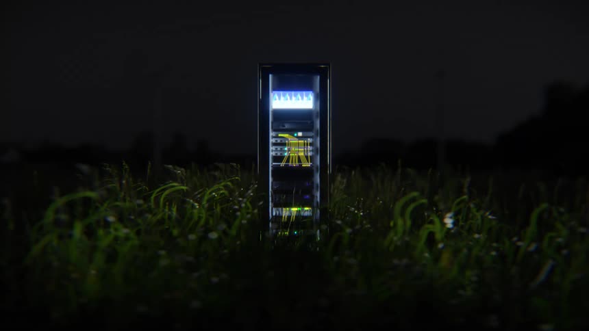 An illuminated server rack stands alone in a grassy field at night, with wind turbines in the background, symbolizing sustainable technology